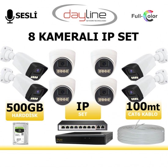 Dayline 5MP 8 kamerali IP kamera seti gece renkli sesli PoE sistem bullet dome